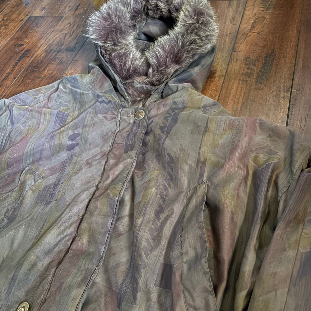 Vintage John Weitz Parka Jacket Mens M Brown Camoflauge Genuine Fox Fur 90s - Picture 2 of 7